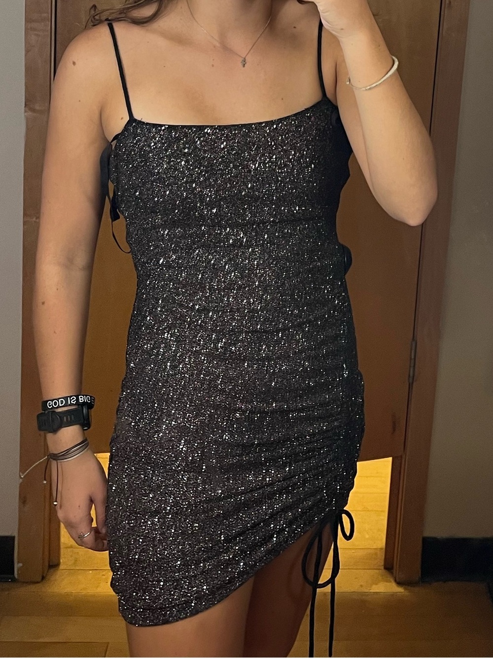 Windsor Black Sparkle Ruched Mini Slip Dress